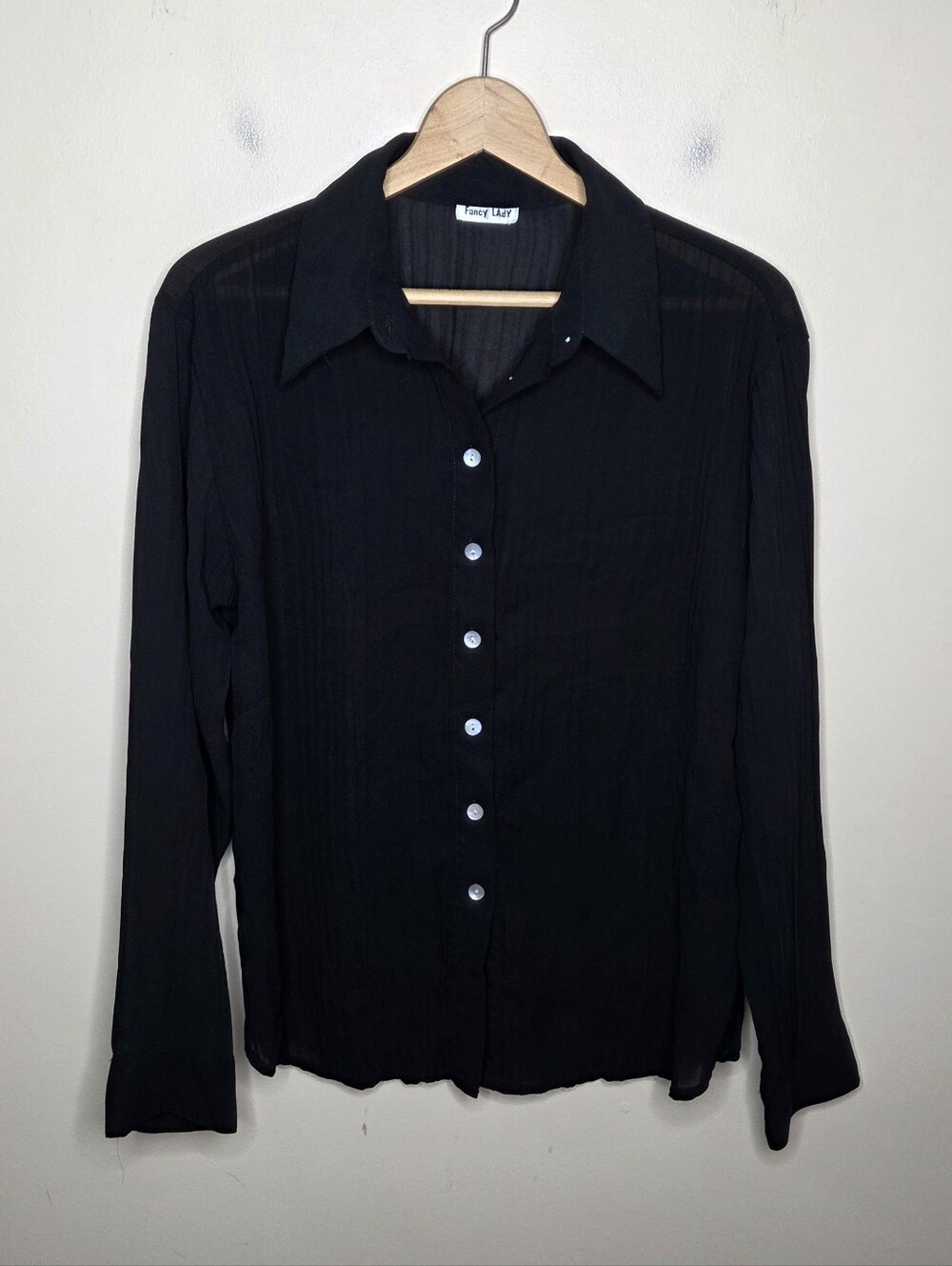 Vintage Fancy Lady Black Pleated Crinkle Button Front Collared Blouse Size XL